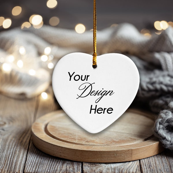 Cosy Fairy Lights Ceramic Hanging Heart Mock up | Stylish brick wall and plant |  Heart Ornament | Sublimation Mockup | PSD - PNG - JPG