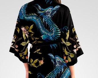 Dragon Kimono Robe, Black Japanese Kimono, Long Satin Robe, Loungewear, Japanese Clothing, Gift for Her, Japanese Gifts