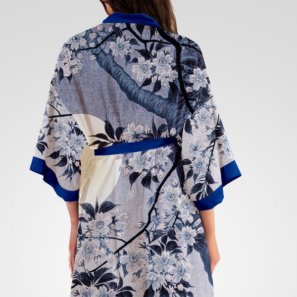 Kimono, Kimono Robe, Floral Satin Robe, Dressing Gown, Japanese Clothing, Blue Kimono Robe, Yukata, New Design
