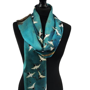 Silk Scarf, Head Scarf, 100% Silk Scarf with Auspicious Cranes Art Print, Scarf Women