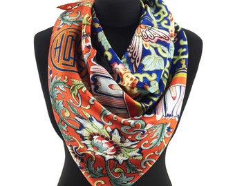 Seidenschal Frauen, Chinoiserie, quadratischer Seidenschal, Seidenkopftuch, Geschenk für sie, Weihnachten