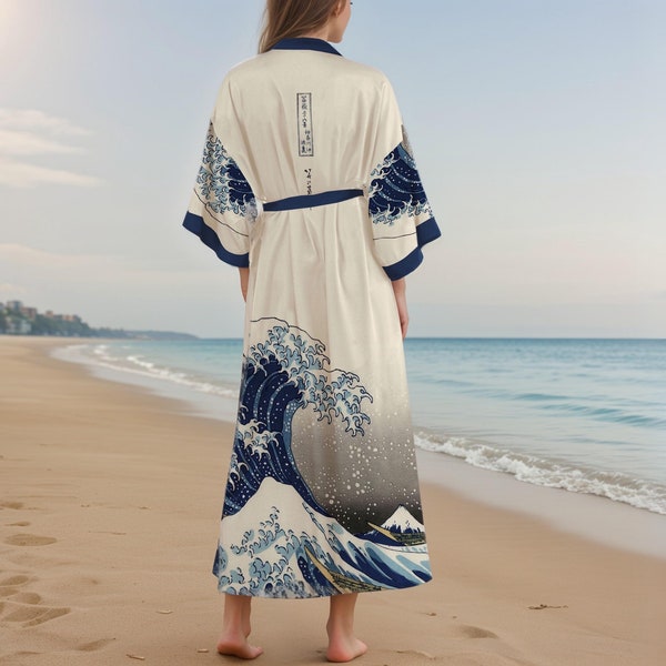 Kimono, Great Wave off Kanagawa, Kimono Robe, Satin Robe, Dressing Gown, Japanese Clothing, Blue Kimono Robe, Yukata