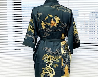 Kimono, Kimono Robe, Chinoiserie Satin Robe, Dressing Gown, Japanese Clothing, Blue Kimono Robe, Yukata, New Design
