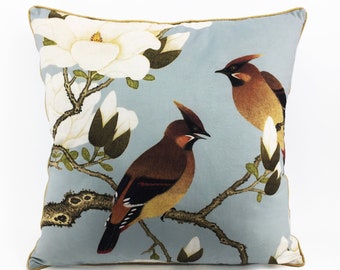 Cushion, Cushion Cover, Bird cushion, Chinoiserie, Silk cushion, Throw pillow, Decorative pillows, Decorative Cushions, Blue cushion, Japan