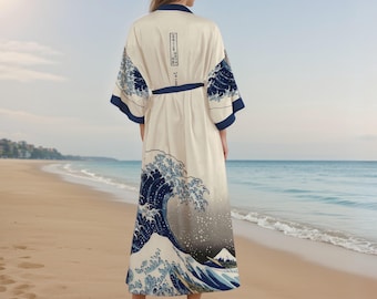 Kimono, La Gran Ola de Kanagawa, Kimono, Bata de satén, Bata, Ropa japonesa, Kimono azul, Yukata