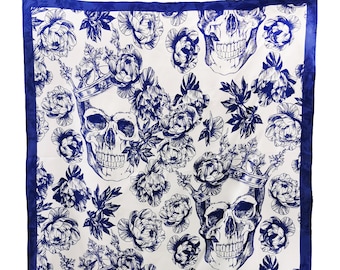 Silk Scarf, Head Scarf, Scarf Women, Skeleton Scarf, Blue and White Scarf