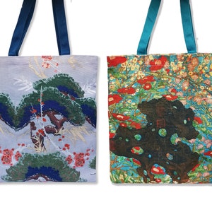 May include: Two tote bags with different floral designs. The bag on the left has a blue and green floral design with a light blue background. The bag on the right has a red, yellow, and blue floral design with a light green background.