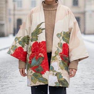Veste Hanten Pivoine Japonaise – Manteau d'hiver matelassé en coton, Veste Kimono Haori
