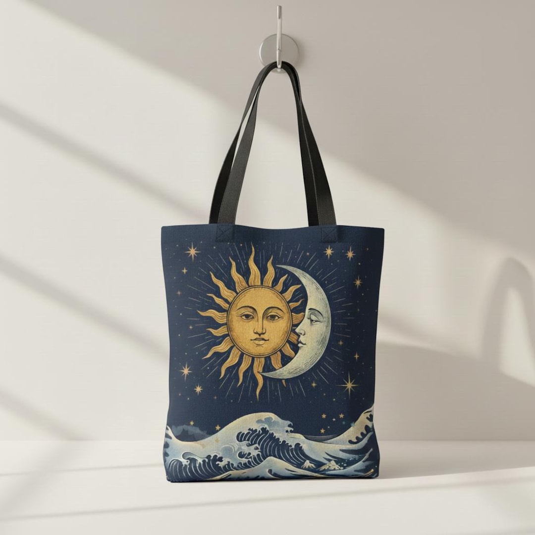 Sun and Moon Tote Bag | Celestial Cotton Linen Shopper | Mystical