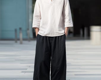 Minimalistisk bomullstopp och vida linnebyxor - Japanskinspirerat lager-på-lager-set för kimono eller vardagskläder