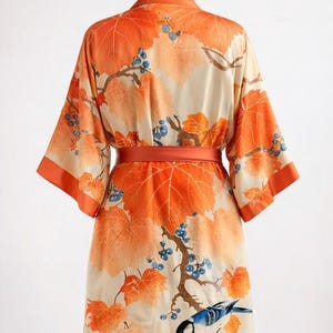 Kimono Robe with Bird & Maple Design – Japanese Art Inspired Luxury Lounge Wear
