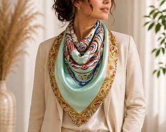 Luxury Silk Scarf 90x90cm, Chinoiserie Square Scarf, Elegant