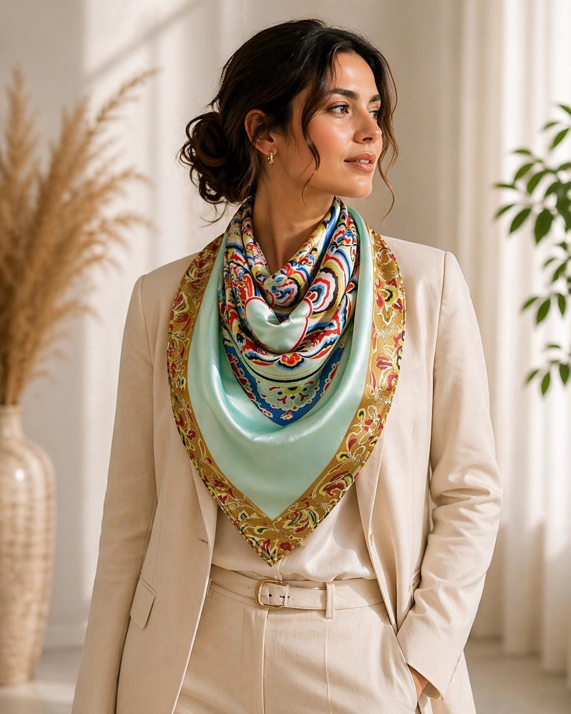 Luxury Silk Scarf 90x90cm, Chinoiserie Square Scarf, Elegant