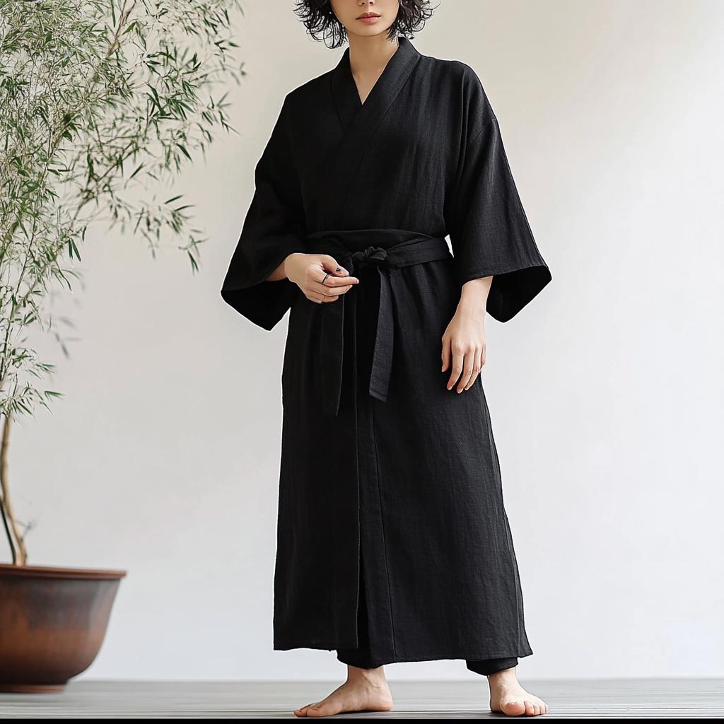 Light Robe Japanese Minimalist Black Cotton Kimono Robe | Unisex Japanese Yukata Style ...