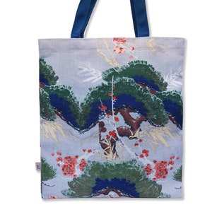 May include: A light blue tote bag with navy blue handles. The bag features a floral print with green, blue, and red flowers and leaves.