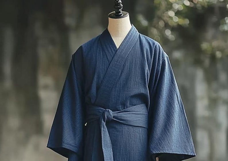 May include: A dark blue, striped, cotton robe with a long sleeve and a sash tie.