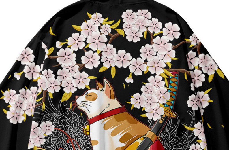 Kimono With Cat Art Print / Japanese Clothing / Japan Kimono / Etsy