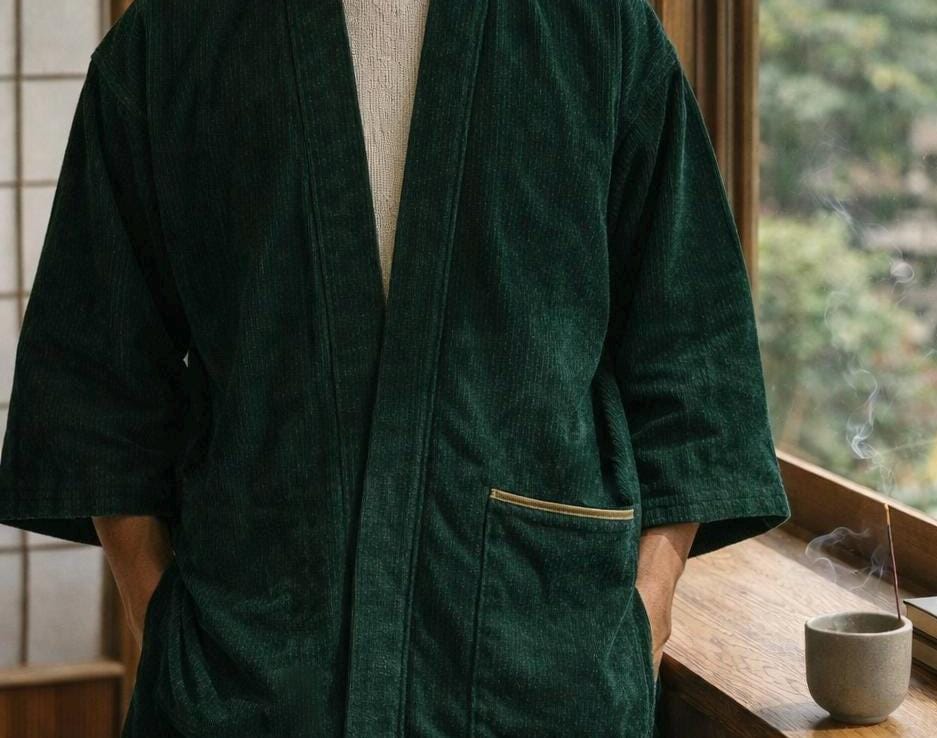Green Corduroy Jacket, Haori, Japanese Kimono Cardigan, Handmade