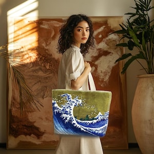 Tote Bag, Tote Bag with Zipper and Pockets, Japanese Bag, Japanese Gifts, The Great Wave off Kanagawa, Hokusai