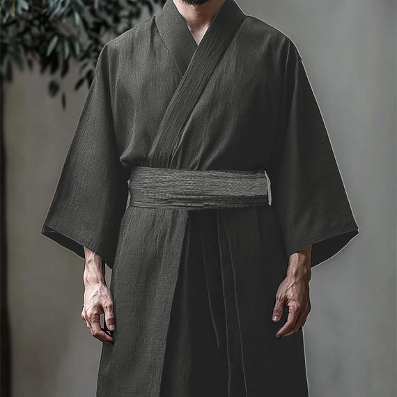 Vetement Nuit Japonais Style BPURB Hommes Robe Kimono Japonaise Pyjama Long Yukata Avec Ceinture Ensemble Chemise Pantalon Confort