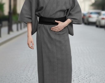 Men’s Cotton Kimono Robe – Grey Japanese Yukata Style – Minimalist Loungewear & Streetwear