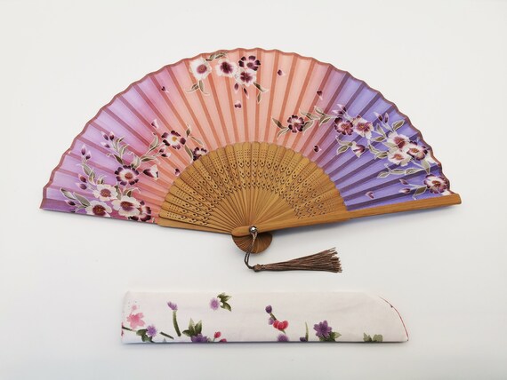 Japanese Bamboo Handfan Hand Held Folding Silk Fan with cherry blossom design 