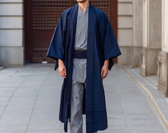 Blue Long Kimono Robe / Mens Kimono / Yukata / Japanese streetwear Haori Jacket