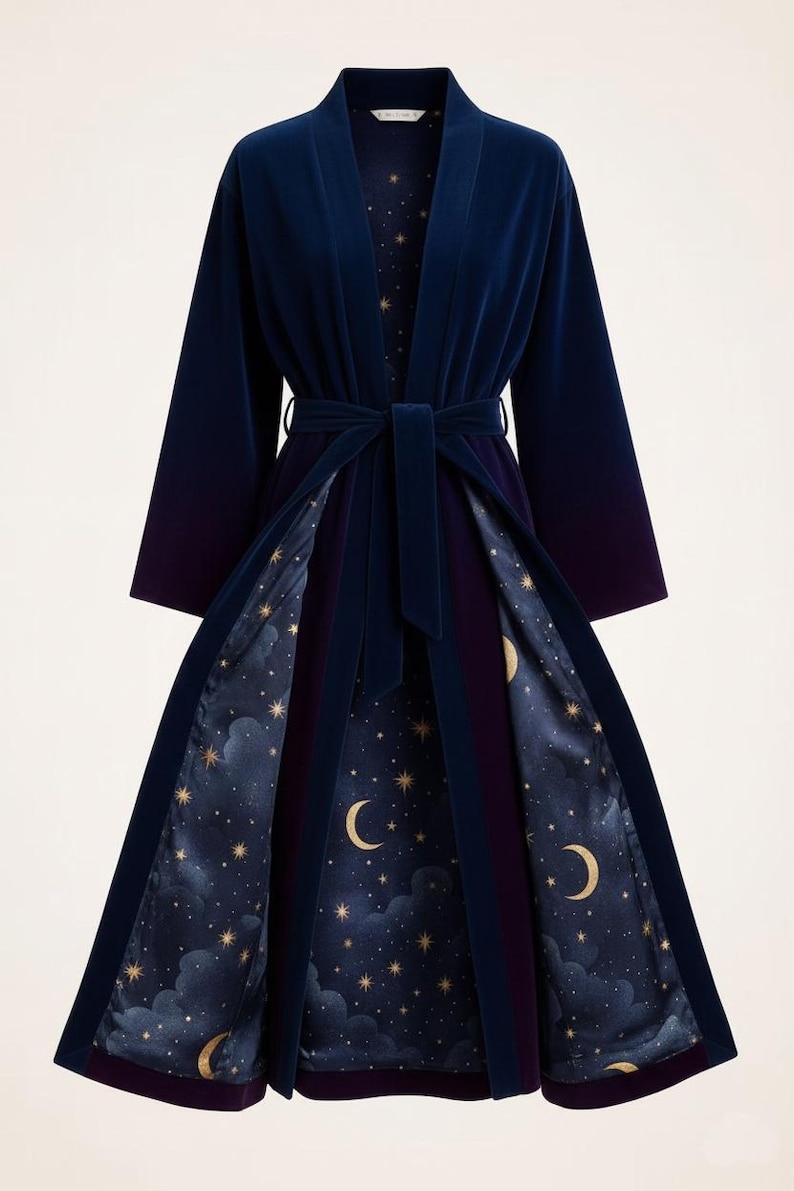May include: A long, dark blue velvet robe with a matching belt. The interior lining features a celestial design of gold stars, crescent moons, and clouds on a navy background. The robe has long sleeves and a shawl collar.