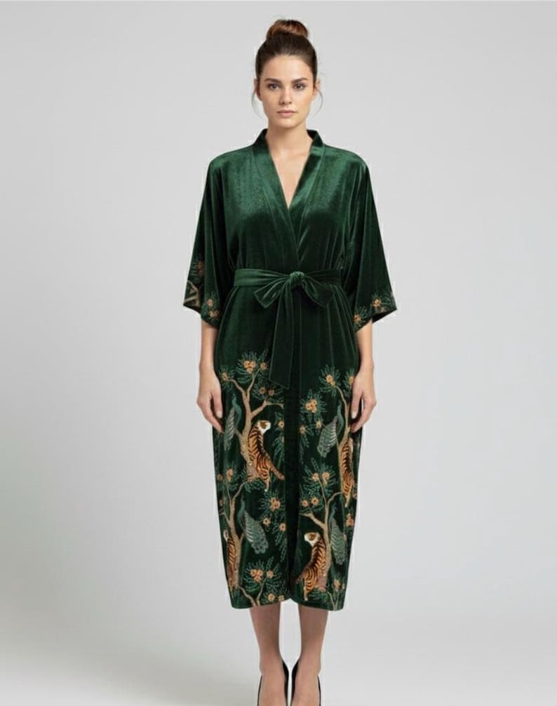 Tiger & Peacock Velvet Kimono – Luxury Loungewear Robe, Elegant Velvet Dressing Gown image 4
