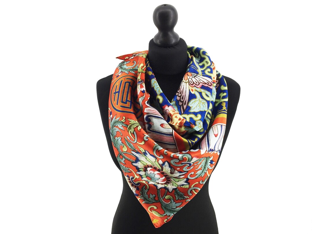 小物 Mame Hand Printed Rectangle Silk Scarf Silk Scarf Women, Chinoiserie, Silk Square Scarf, Silk Head