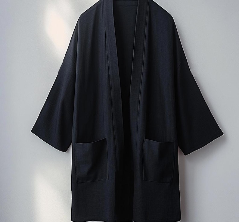 Cotton Black Kimono, Haori, Japanese Clothing, Kimono Jacket Cotton, Aesthetic Clothing, Kimono Robe, Japanese Gifts image 8