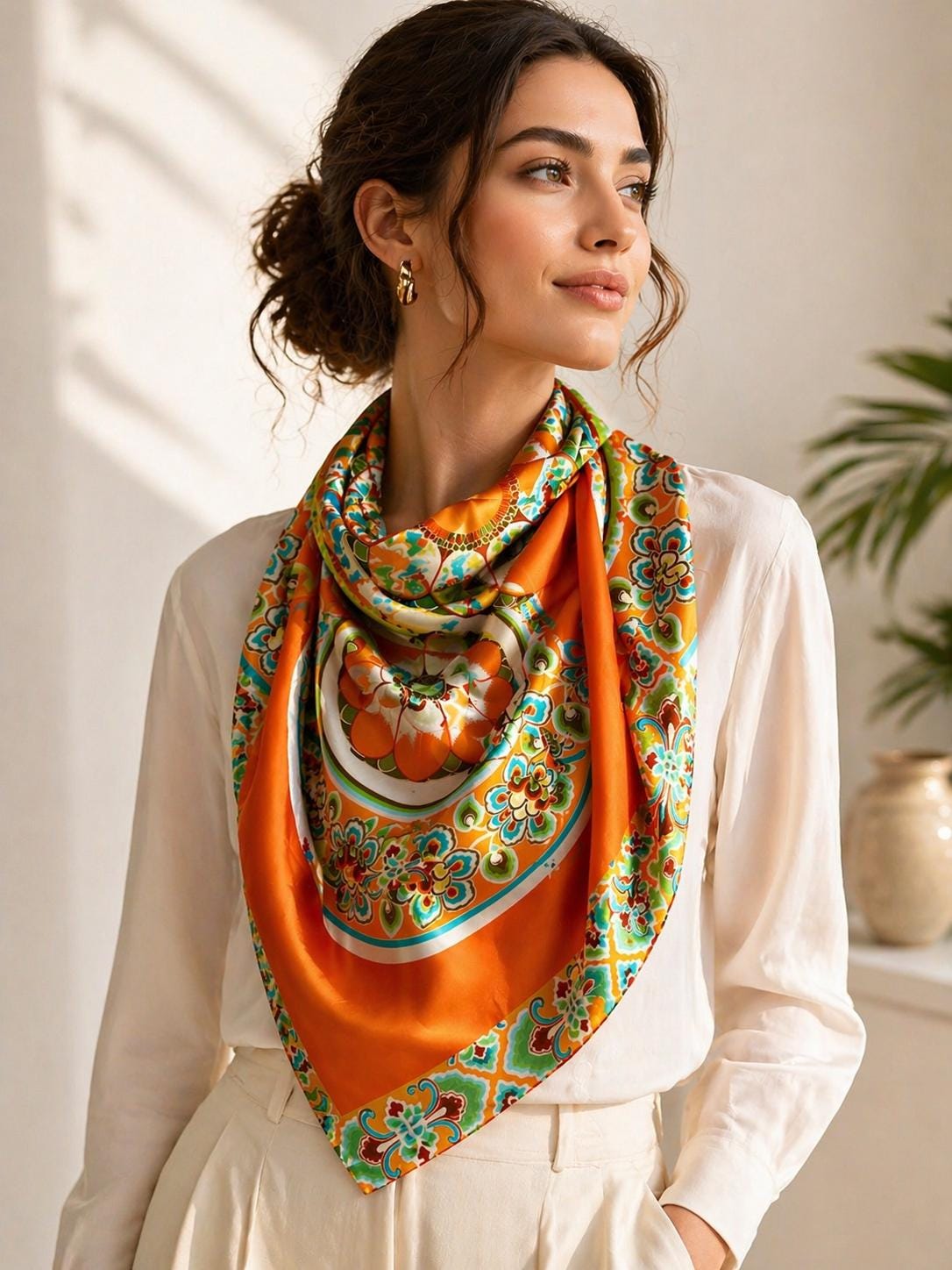 Silk Scarf 90x90cm Orange Chinoiserie Scarf, Mogao Caves Silk Road