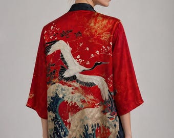 May include: Red kimono-style jacket with a crane and wave design. The jacket has a vibrant red background with a detailed illustration of a crane in flight over ocean waves. The sleeves are elbow-length.