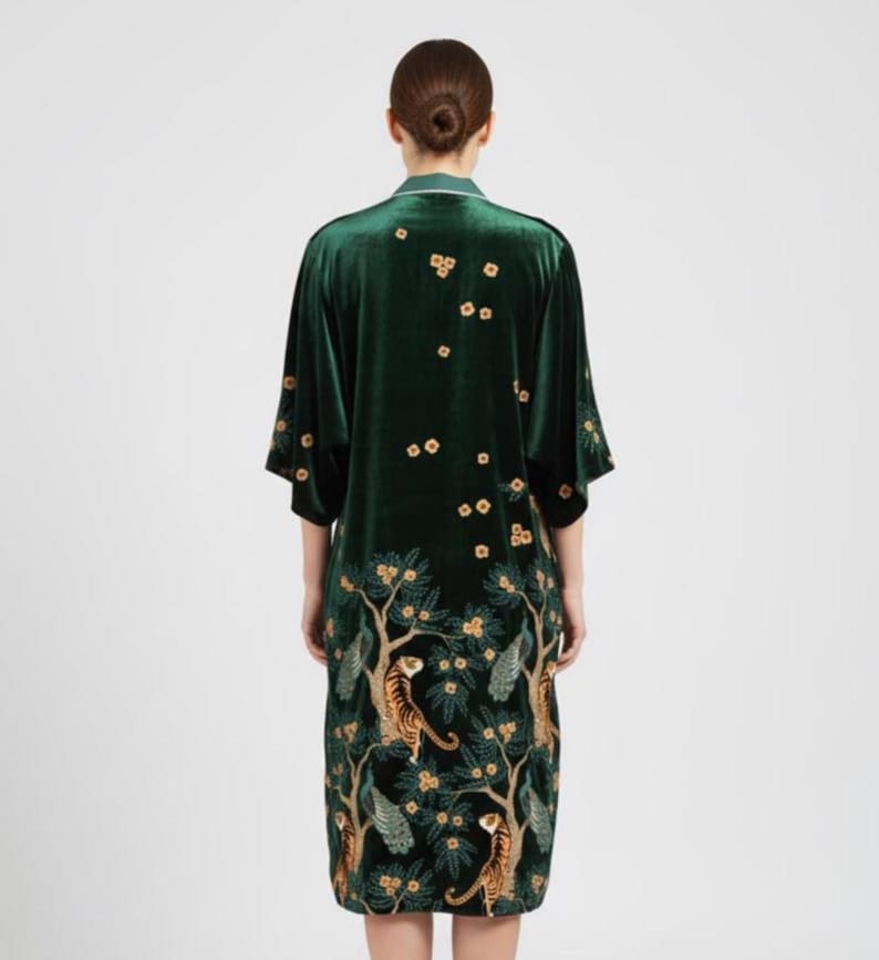 Tiger & Peacock Velvet Kimono – Luxury Loungewear Robe, Elegant Velvet Dressing Gown image 1