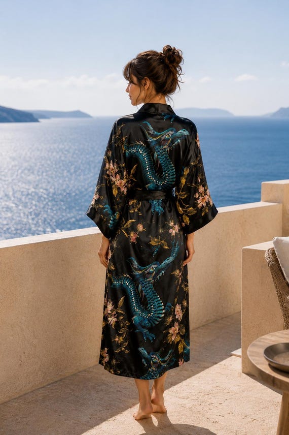 Dragon Kimono Robe, Black Japanese Kimono, Long Satin Robe, Loungewear, Japanese Clothing, Gift for Her, Japanese Gifts