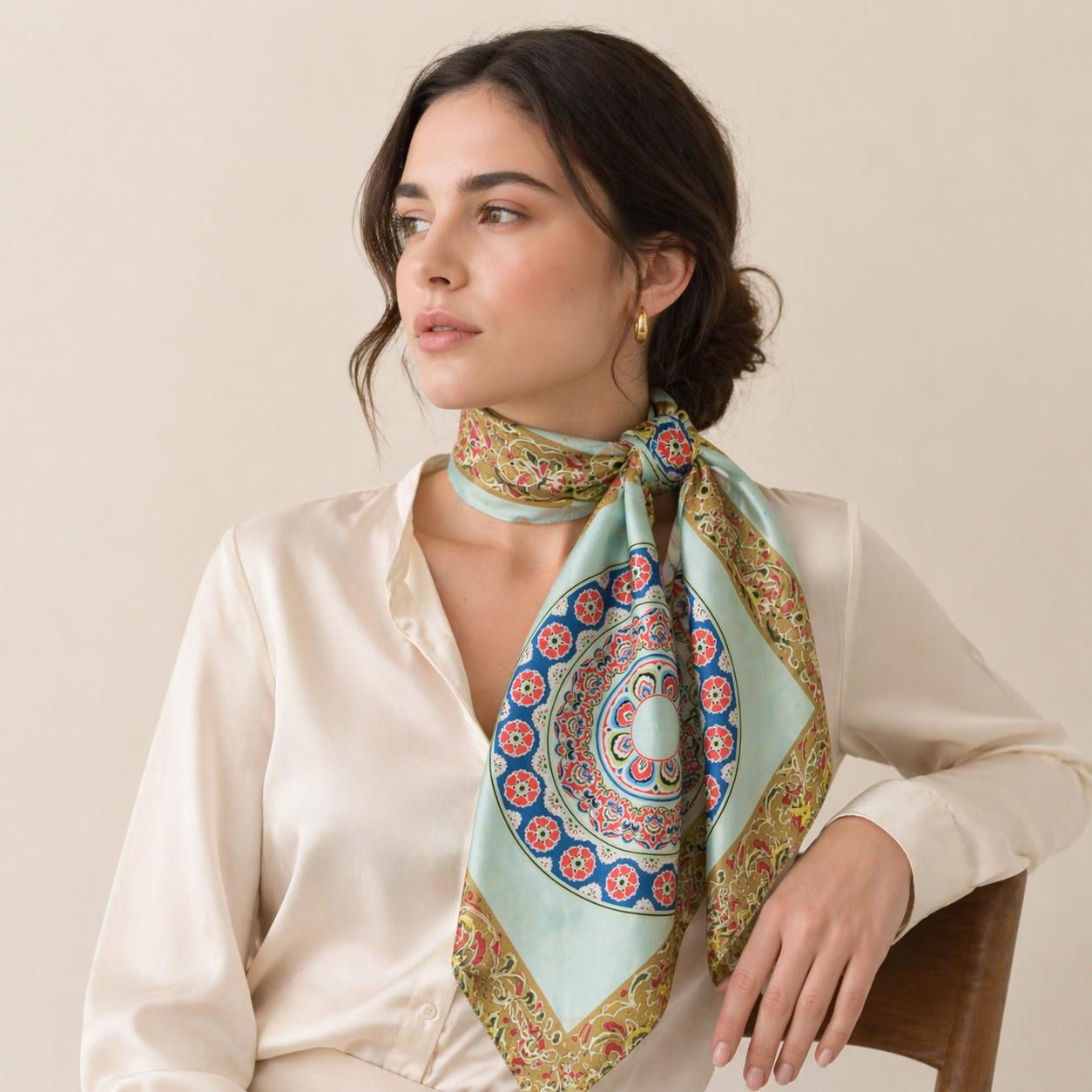 Luxury Silk Scarf 90x90cm, Chinoiserie Square Scarf, Elegant
