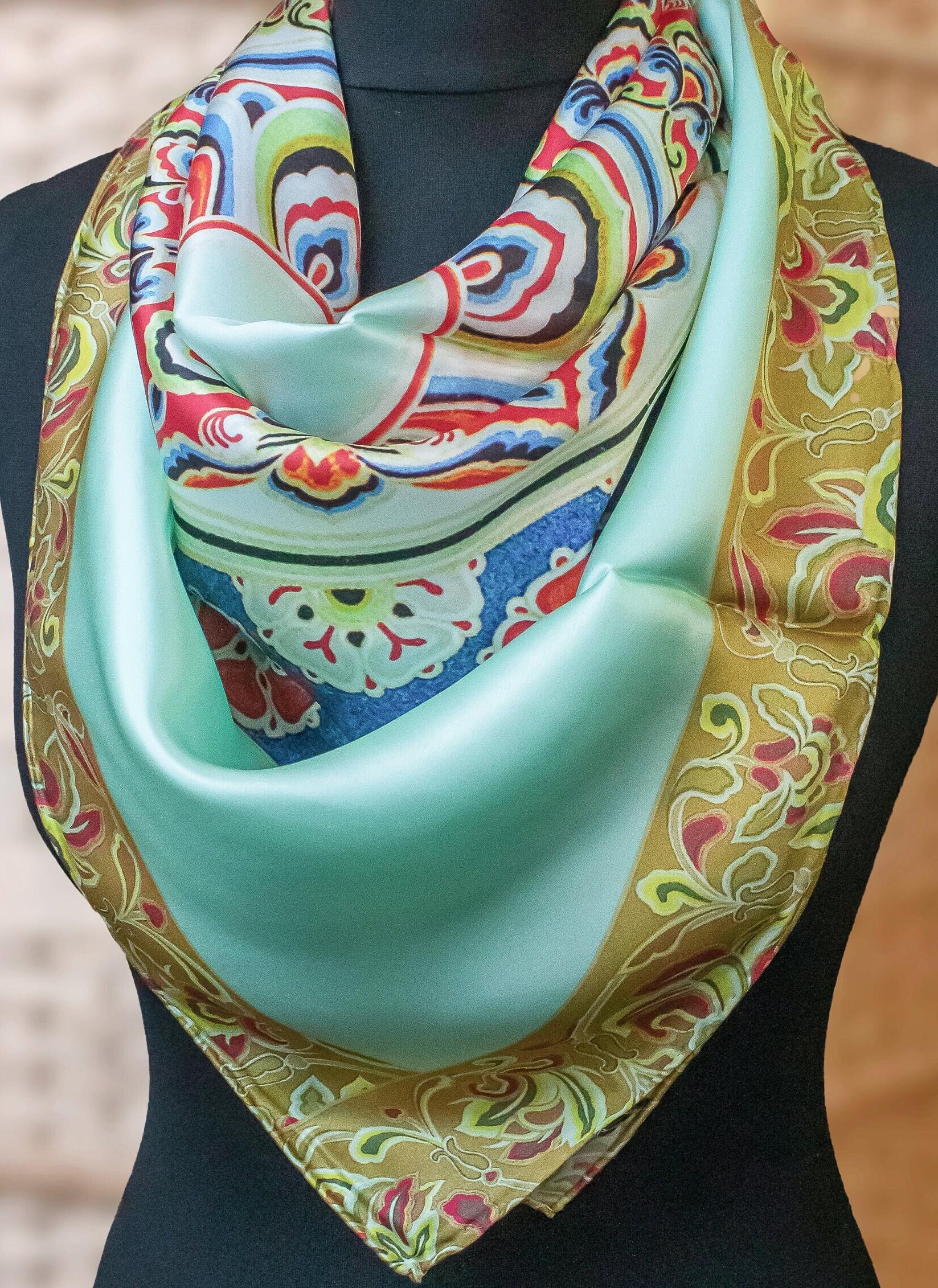Luxury Silk Scarf 90x90cm, Chinoiserie Square Scarf, Elegant