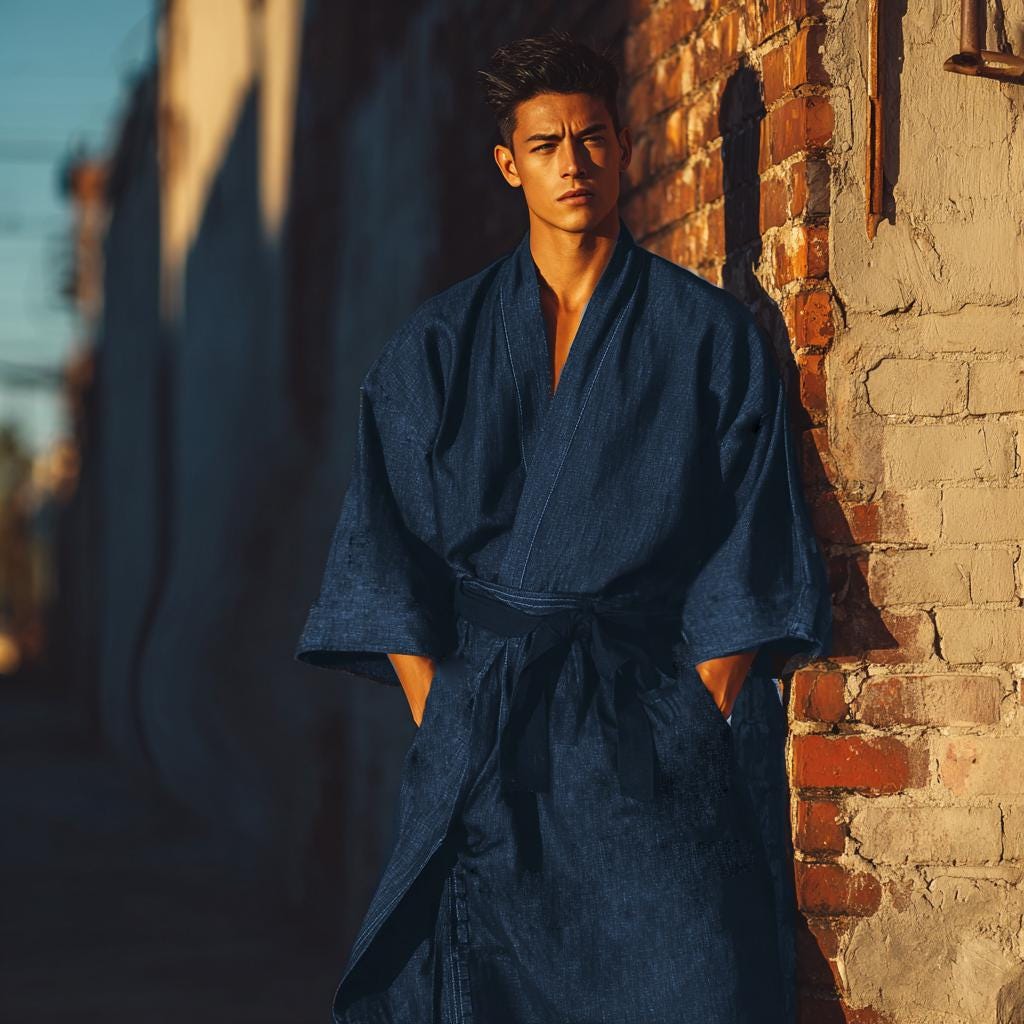 Oversized Denim Kimono Robe, Cotton Blend Kimono Jacket, Japanese Kimono Yukata, Unisex Kimono Coat, Samurai Style Robe, Japanese Clothing