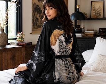 Kimono, Kimono Robe, Chinoiserie Satin Robe, Dressing Gown, Japanese Clothing, Blue Kimono Robe, Yukata, Black Kimono