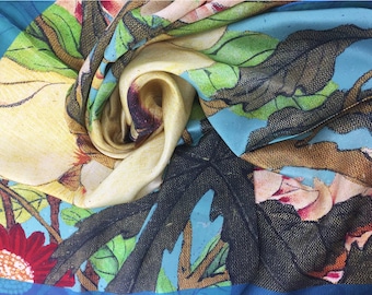 Green Silk Scarf, Head Scarf, 100% Pure Silk Scarf for Women with Floral Print, Chinoiserie