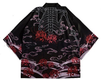 Kimono avec imprimé squelette / Kimono japonais / Chemise squelette / Veste kimono / Chemise d'Halloween / Vêtements gothiques / Halloween