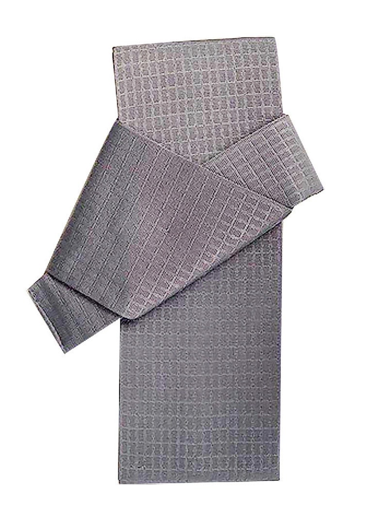 May include: A gray waffle weave kitchen towel folded in half. The towel is made of a soft, absorbent material and is perfect for drying dishes, wiping spills, and cleaning surfaces.