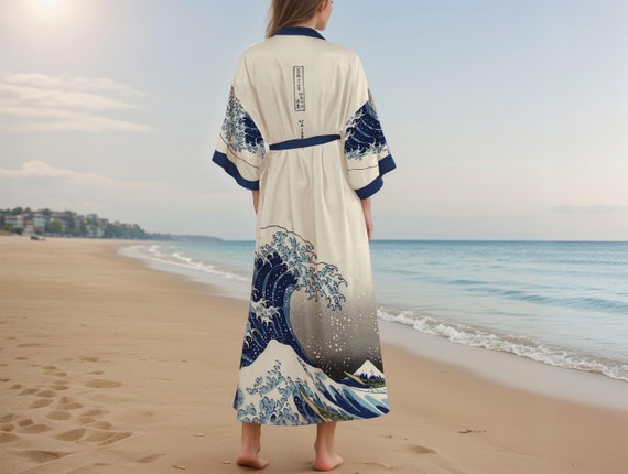 Kimono, Great Wave off Kanagawa, Kimono Robe, Satin Robe, Dressing Gown, Japanese Clothing, Blue Kimono Robe, Yukata