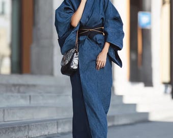 Kimono de mezclilla extragrande, chaqueta de mezcla de algodón, yukata japonesa, abrigo unisex, bata estilo samurái, ropa japonesa