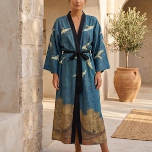 Auspicious Cranes Kimono Robe / Silky Kimono jacket / Teal Haori Cardigan / Unisex Japanese Style Loungewear / Japanese Gifts for Art Lovers