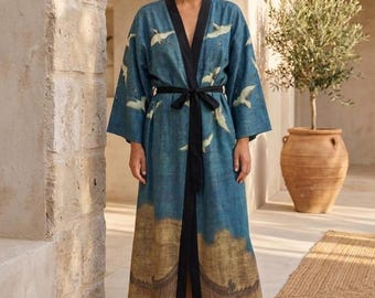 Auspicious Cranes Kimono Robe / Silky Kimono jacket / Teal Haori Cardigan / Unisex Japanese Style Loungewear / Japanese Gifts for Art Lovers