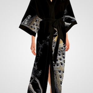 Kimono, Kimono Robe, Chinoiserie Satin Robe, Dressing Gown, Japanese Clothing, Blue Kimono Robe, Yukata, Black Kimono