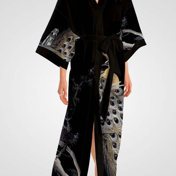 Kimono, Kimono Robe, Chinoiserie Satin Robe, Dressing Gown, Japanese Clothing, Blue Kimono Robe, Yukata, Black Kimono