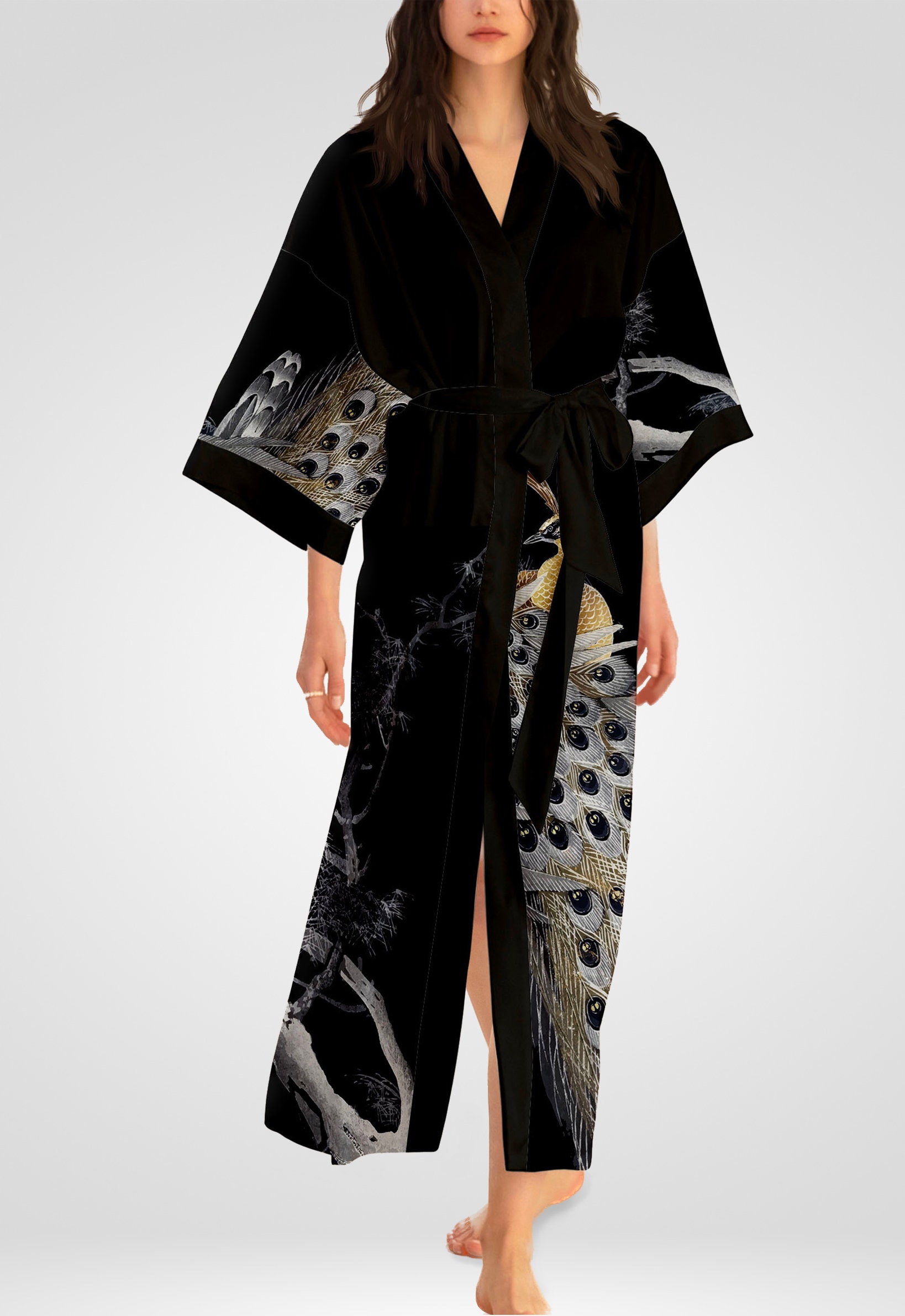 Kimono, Kimono Robe, Chinoiserie Satin Robe, Dressing Gown, Japanese Clothing, Blue Kimono Robe, Yukata, Black Kimono