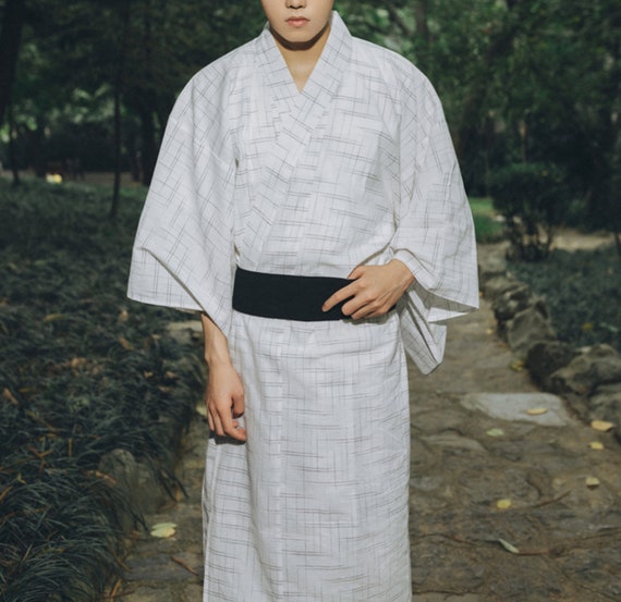 Men's Japanese Kimono Traditional Summer Yukata With Belt Cotton